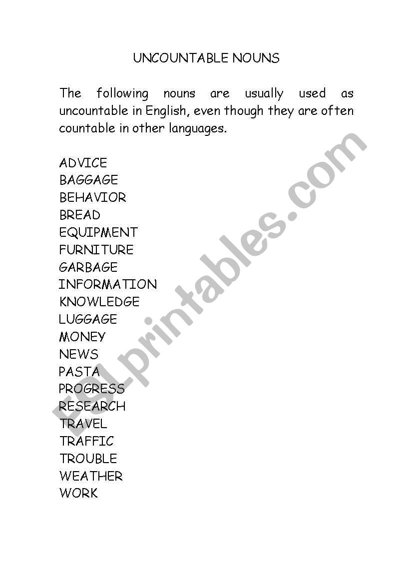 Uncountable Nouns worksheet