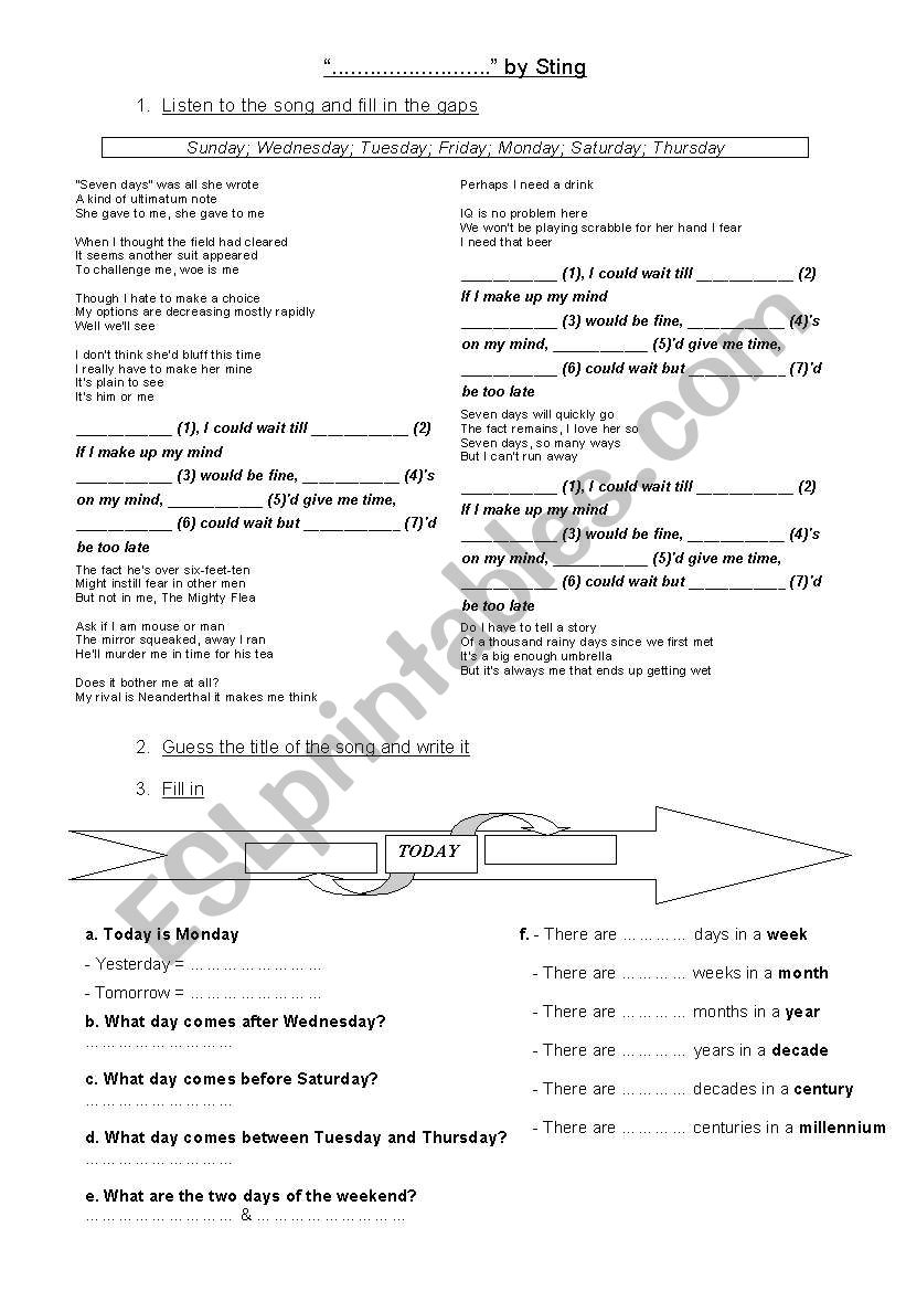 Seven days worksheet