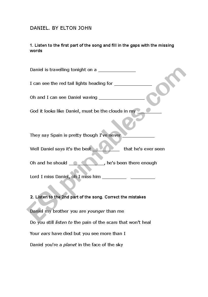 Daniel by Elton John worksheet