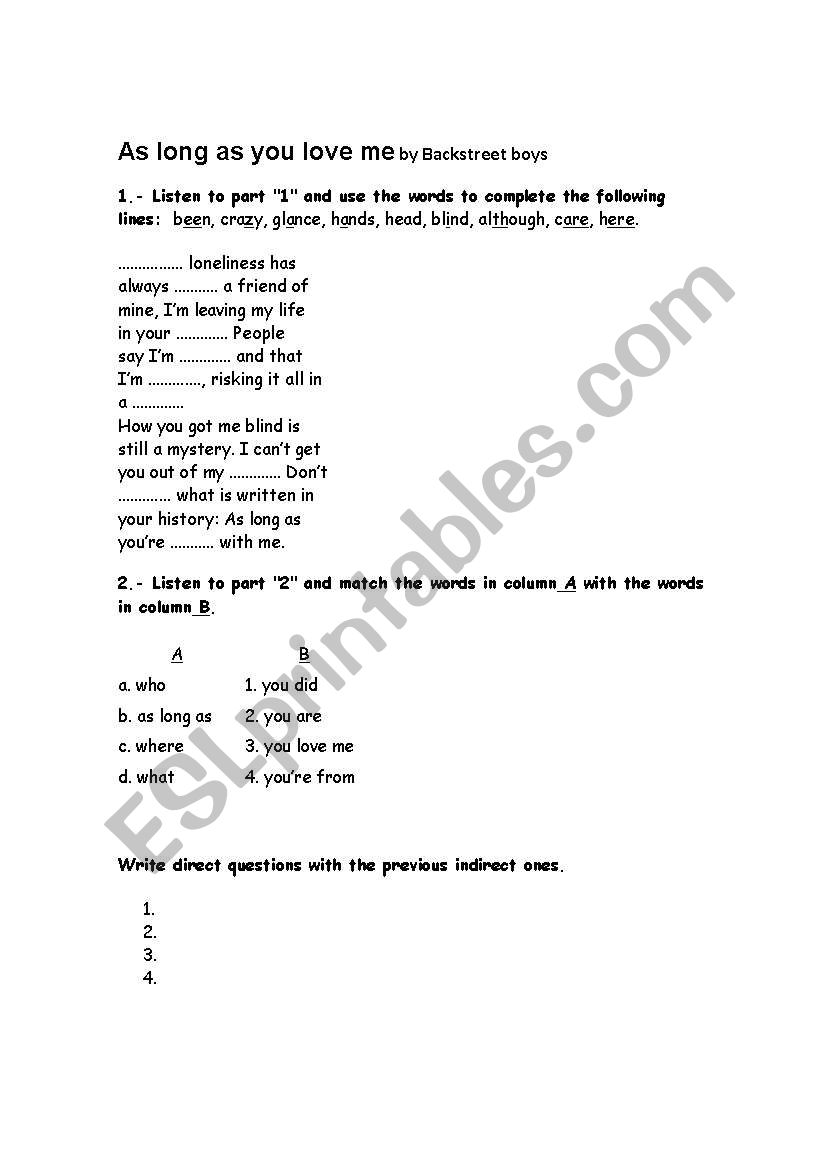 as long as you love me worksheet