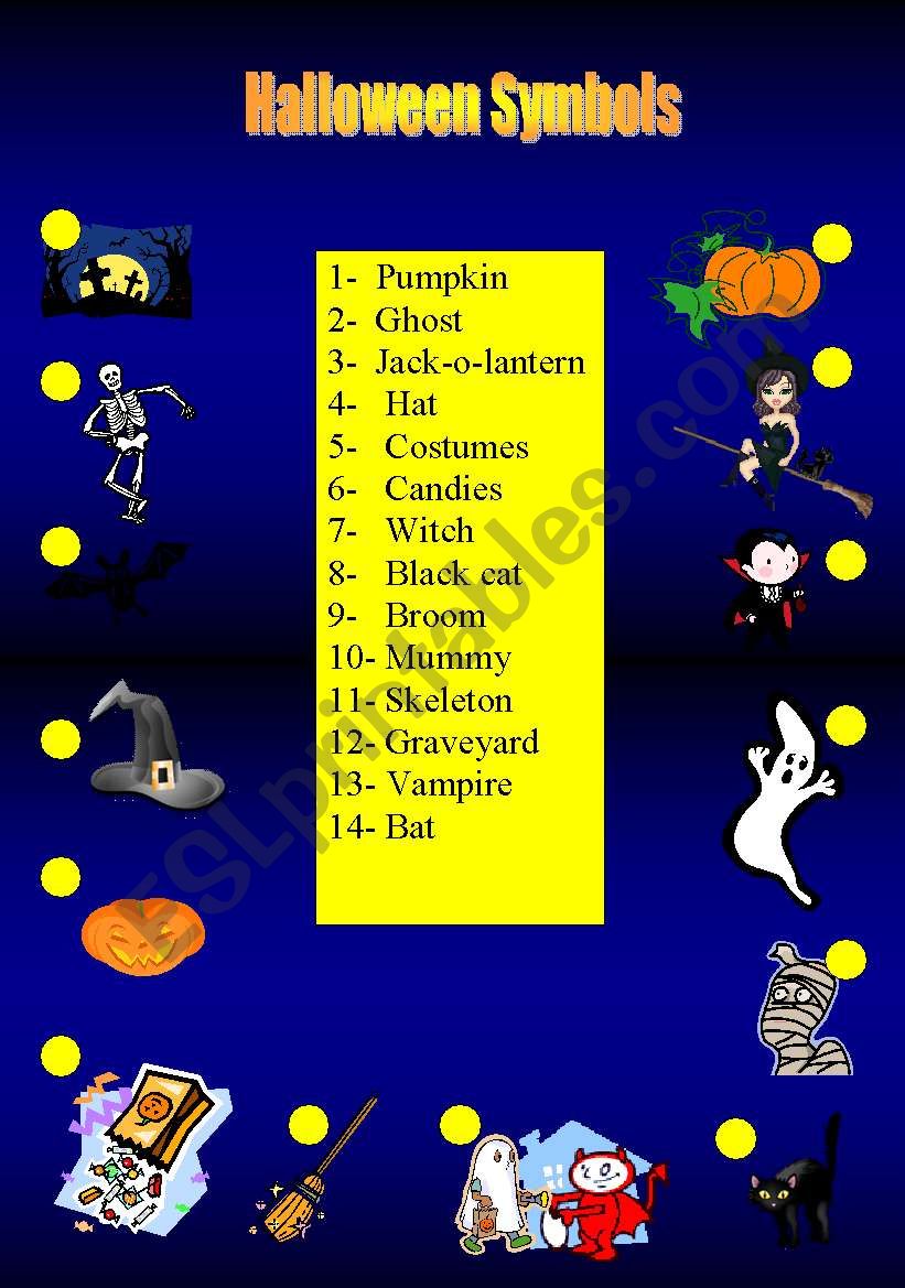 Halloween Symbols A pictionary, a short read and questions 3 pages