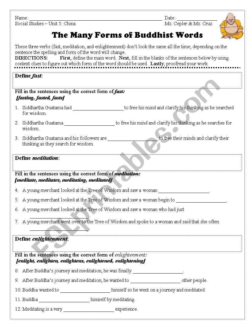 Forms of Buddhist Vocabulary worksheet