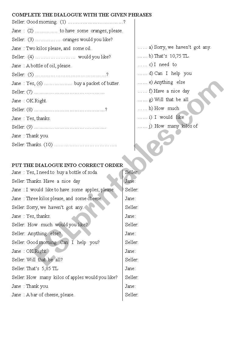 Shopping worksheet