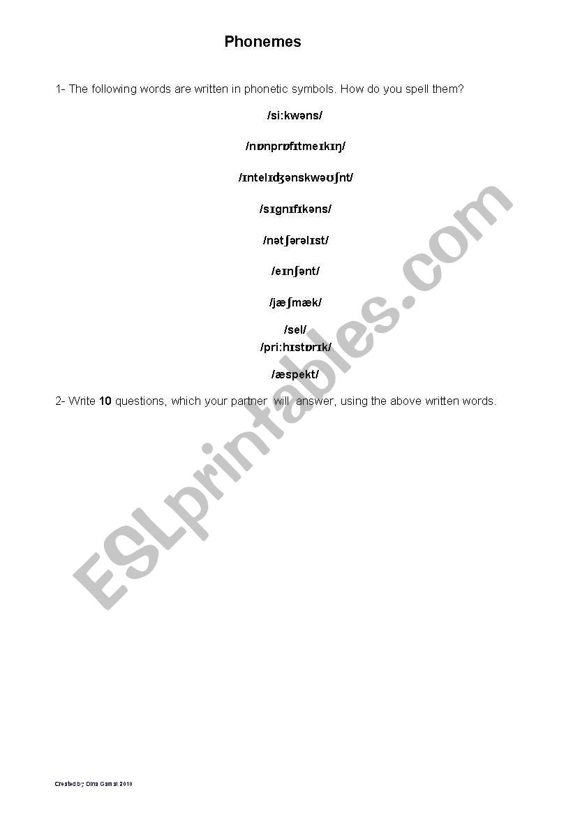 Phonemse worksheet