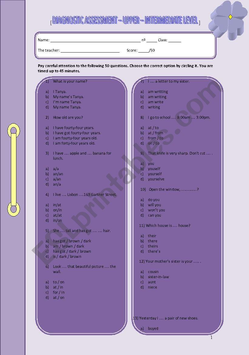 Diagnostic/Placement Test worksheet