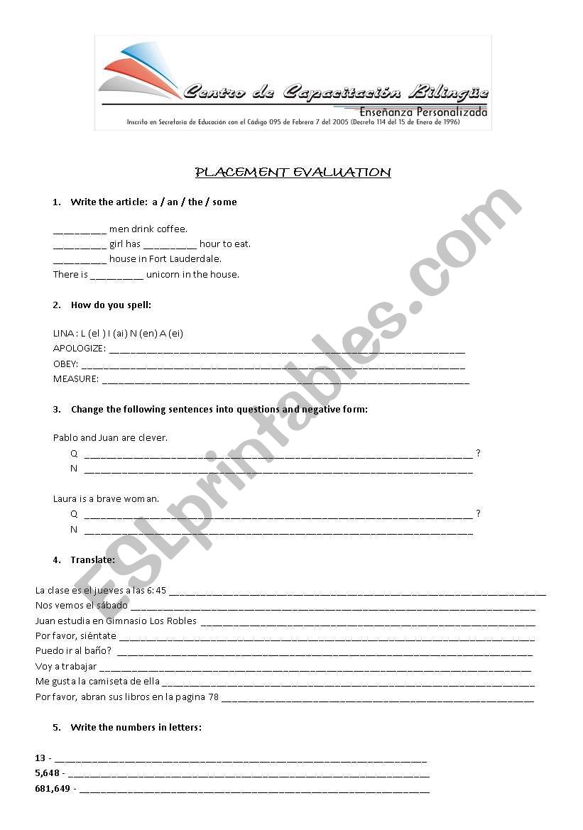 Placement Evaluation worksheet