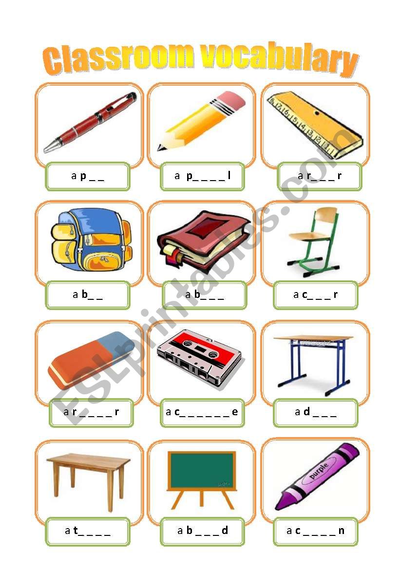 Classrom vocabulary - fill in exercise (editable, B&W incl.)