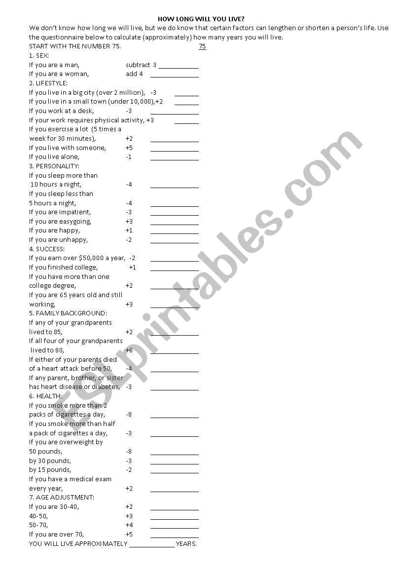 How Long will you live worksheet