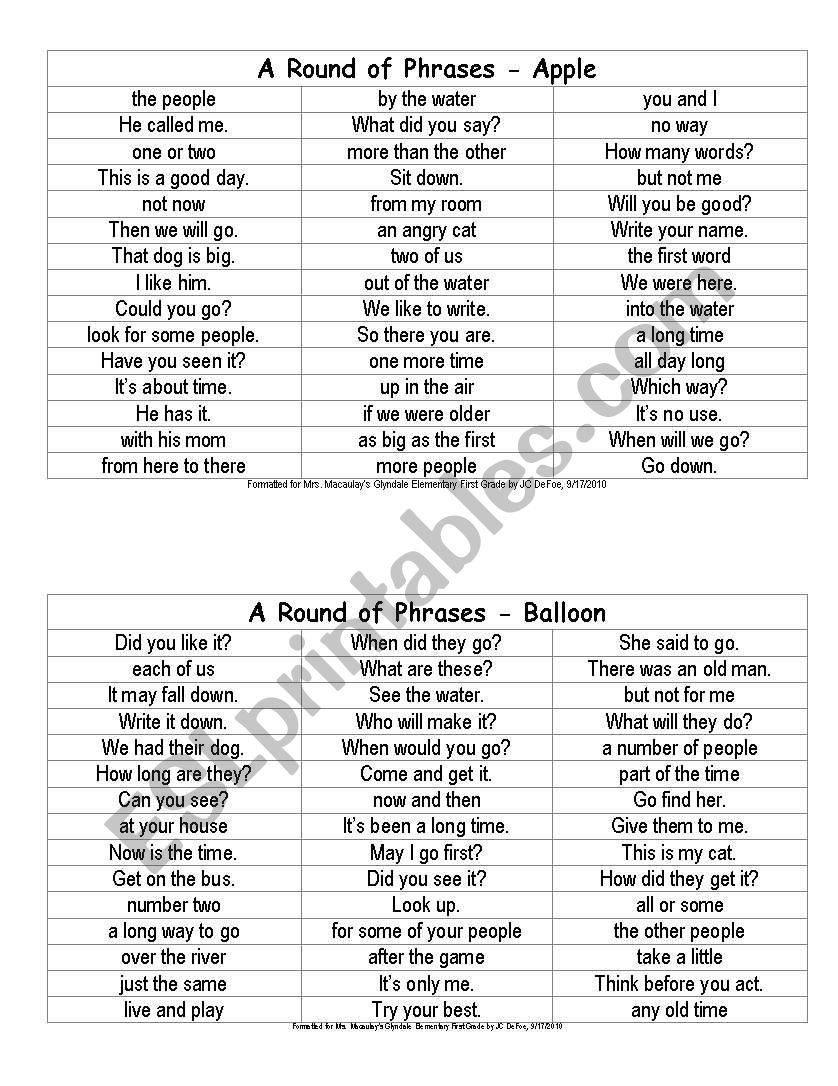 Phrases for Sight Words worksheet