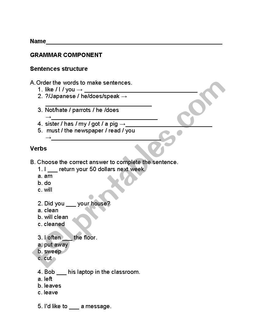 classification Exam worksheet