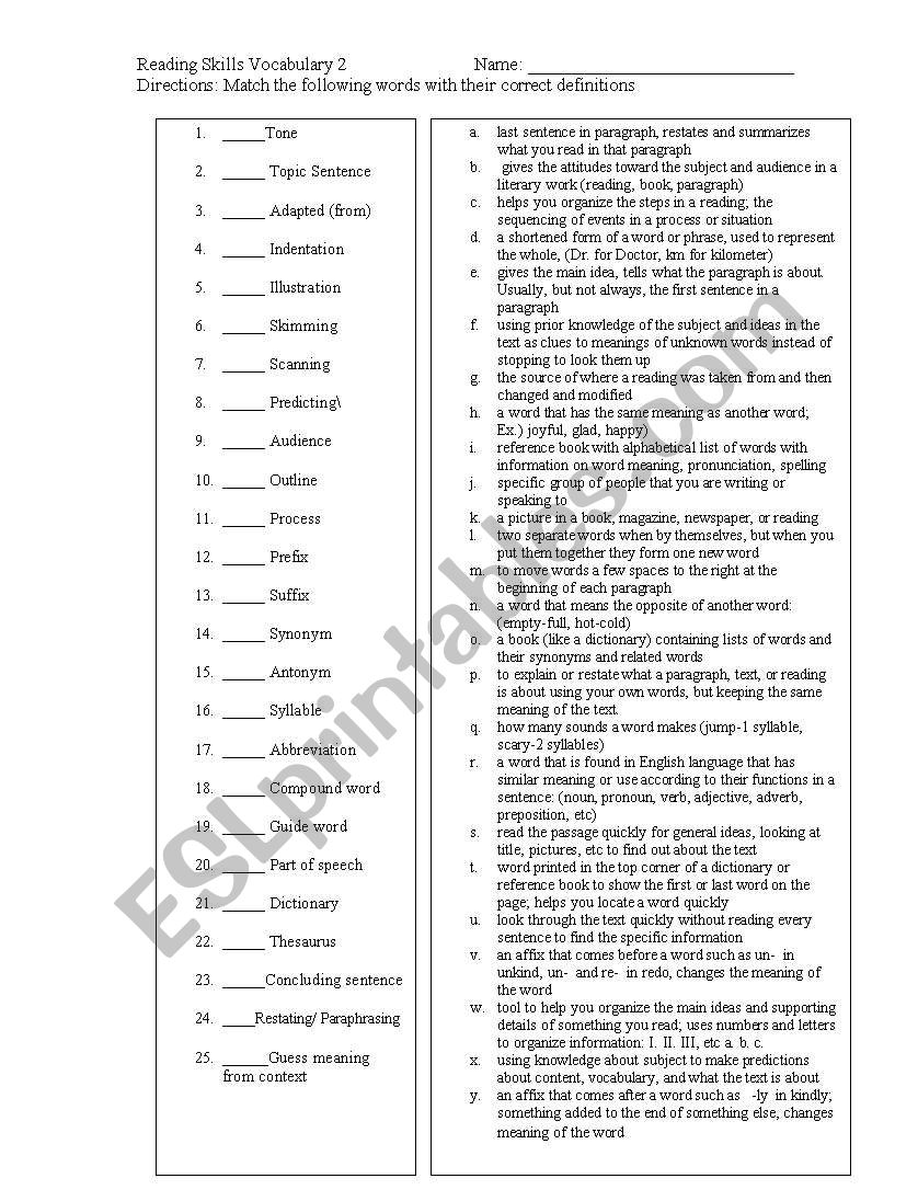 Reading Skills and Terms Matching Worksheet 2 