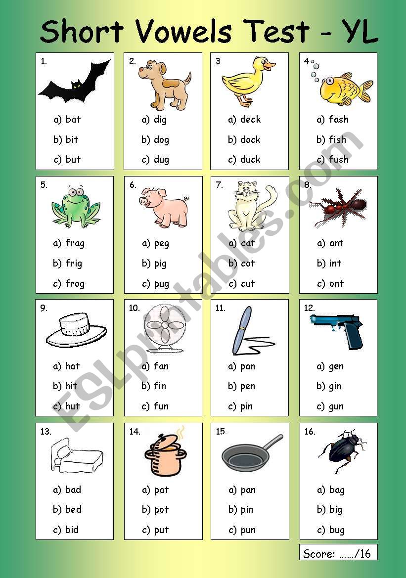 Very Young Learners: Short Vowels Test (CVC)