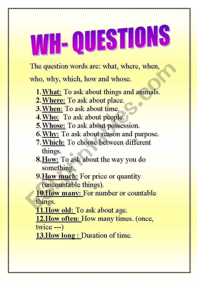 Question words worksheet