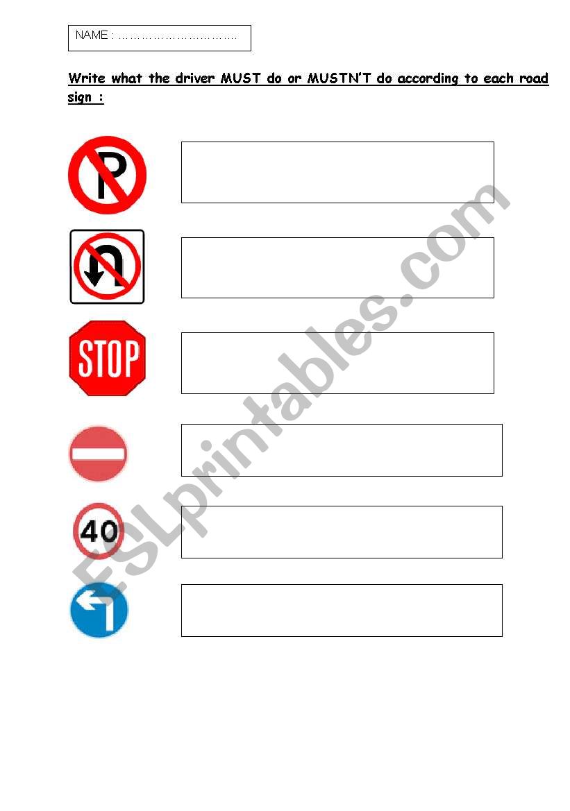 Road signs and Modals worksheet