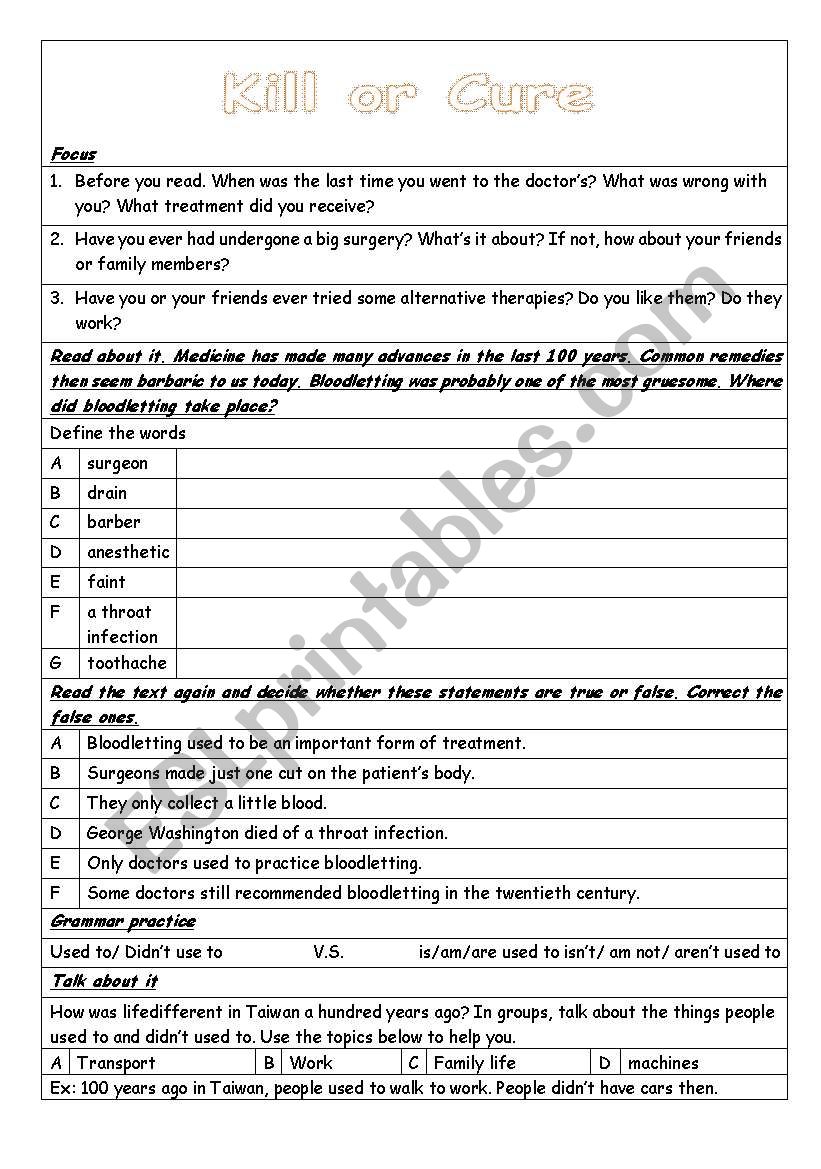 kill or cure worksheet