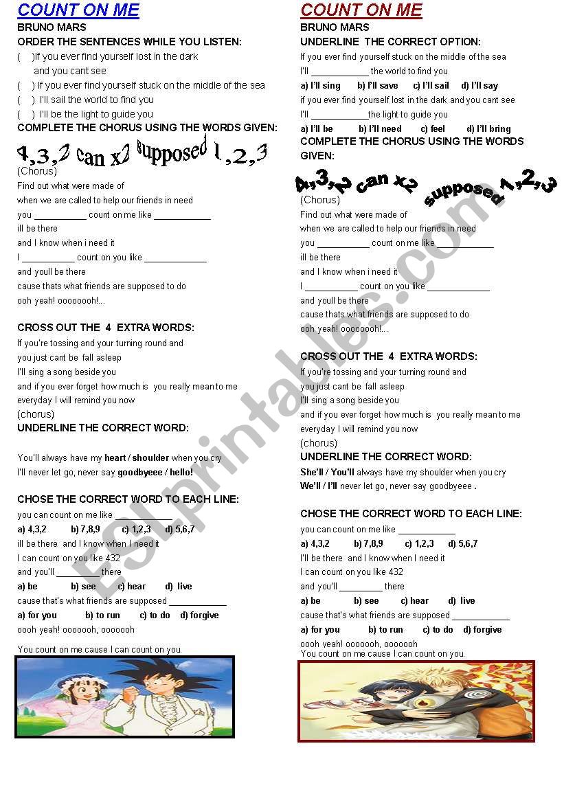 COUNT ON MY- BRUNO MARS worksheet