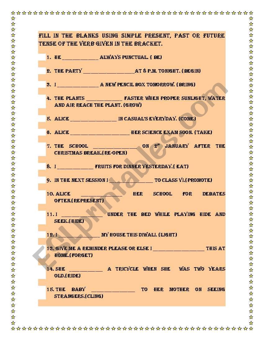 practice sheet on simple present, past and future tense