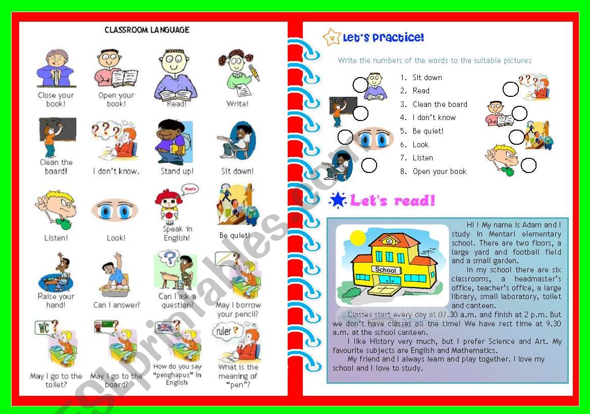 CLASSROOM LANGUAGE/ EXERCISES and READING ACTIVITY