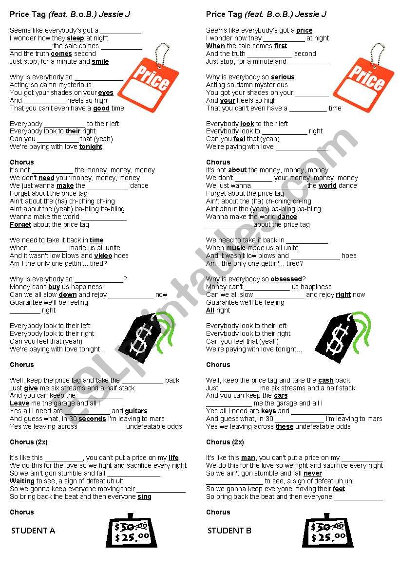 Price Tag worksheet