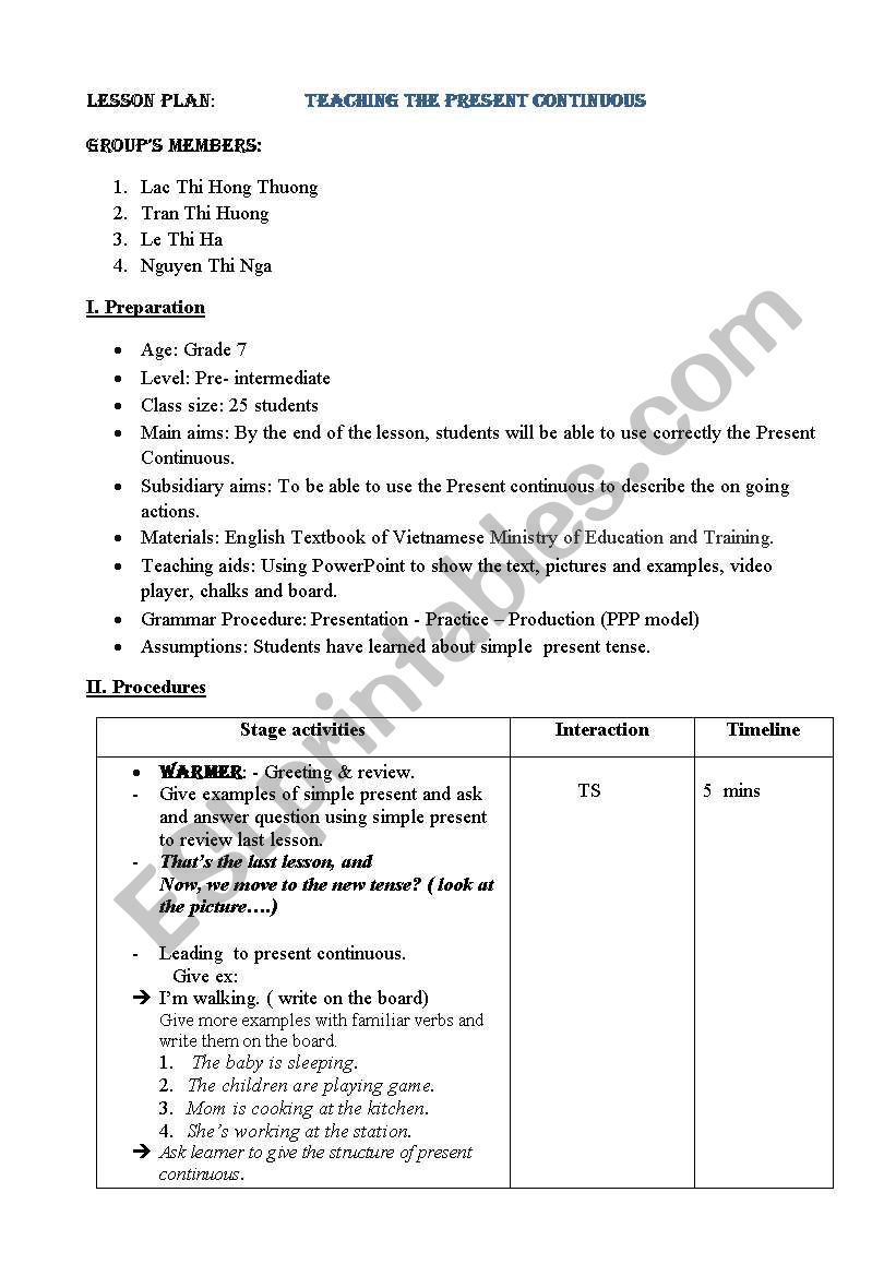 lesson plan for teaching The Present continuous.