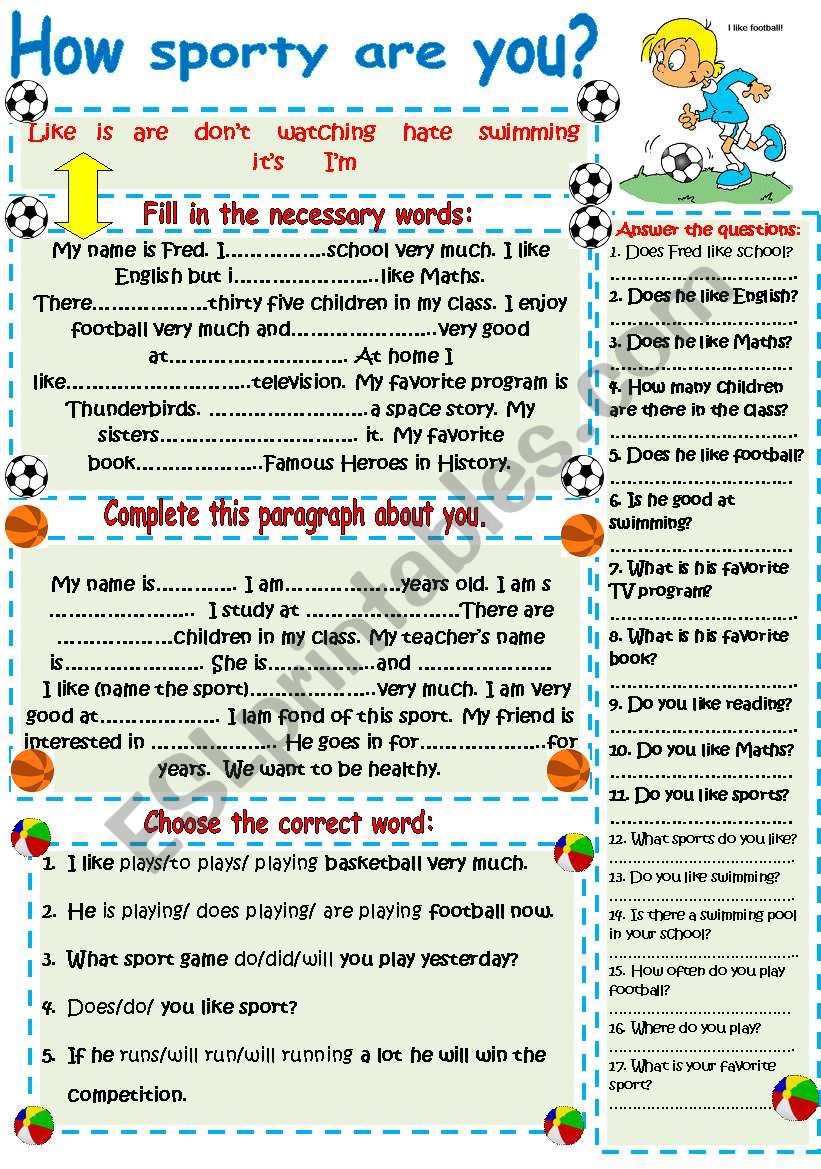How sporty are you? Speaking, reading, writing and grammar activities.