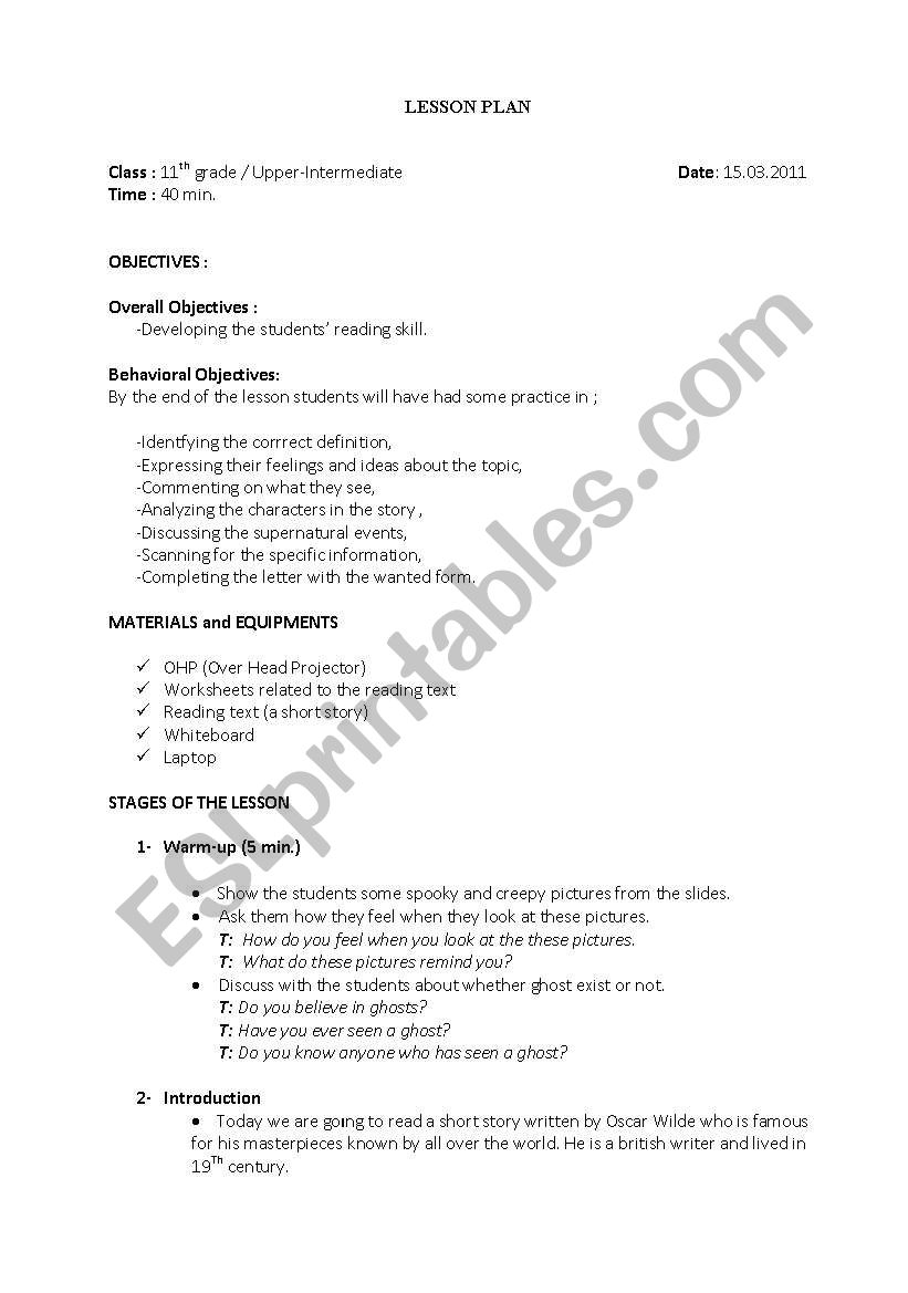 Reading lesson plan worksheet