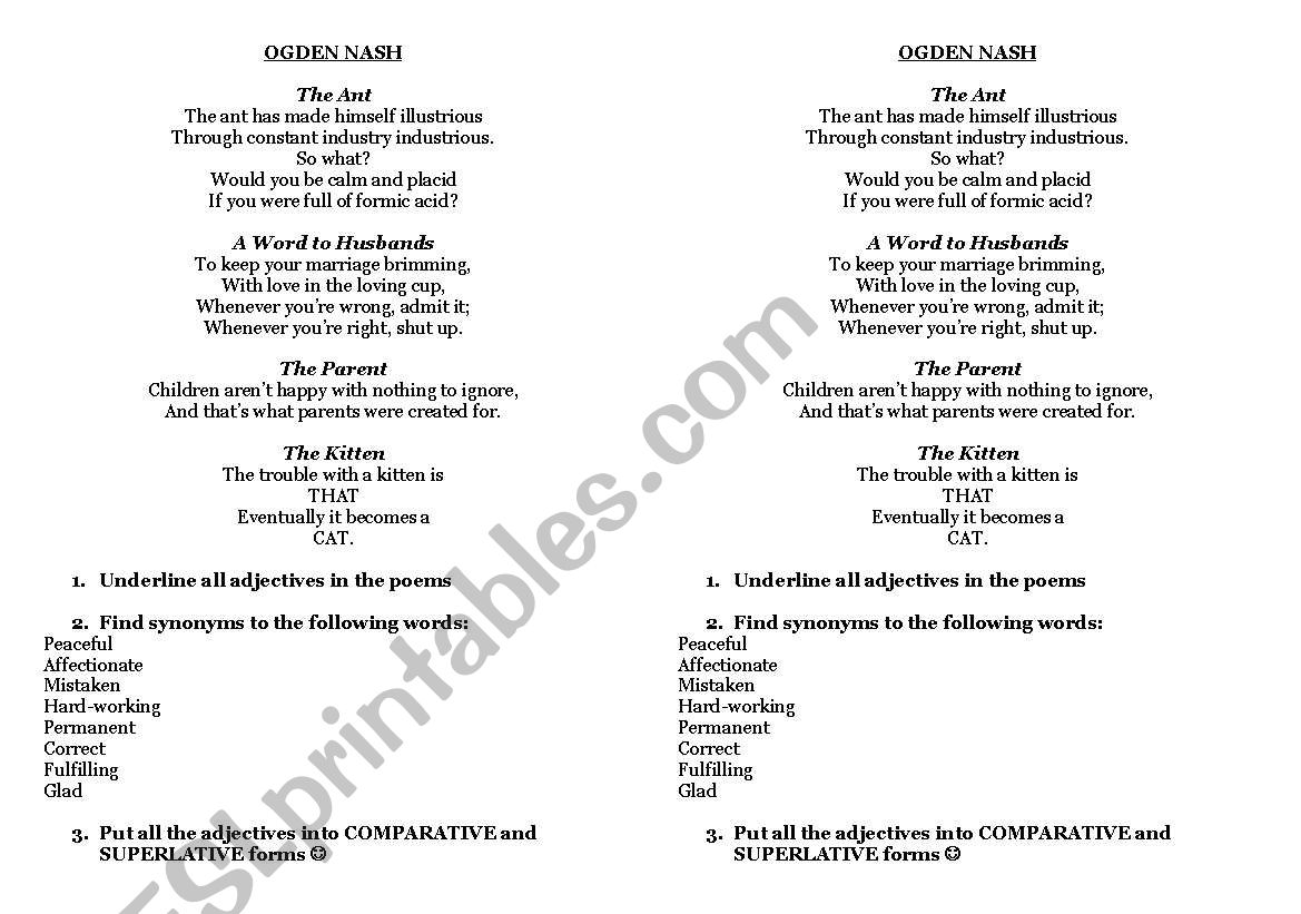 Ogden Nash FUNNY POEMS worksheet