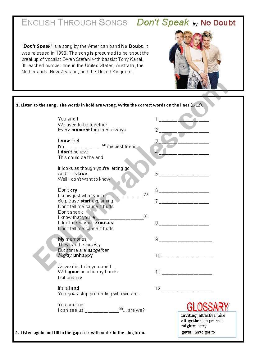 English through songs 3 worksheet