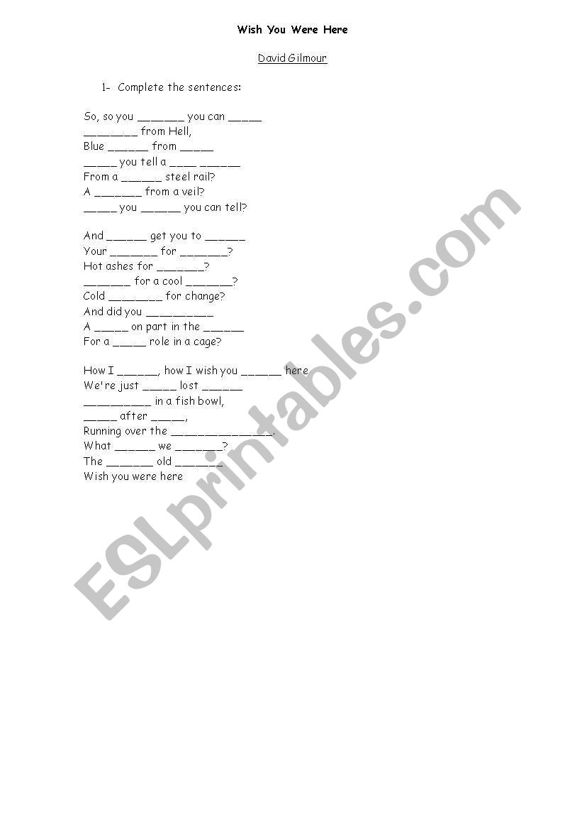 Song I wish you were here worksheet