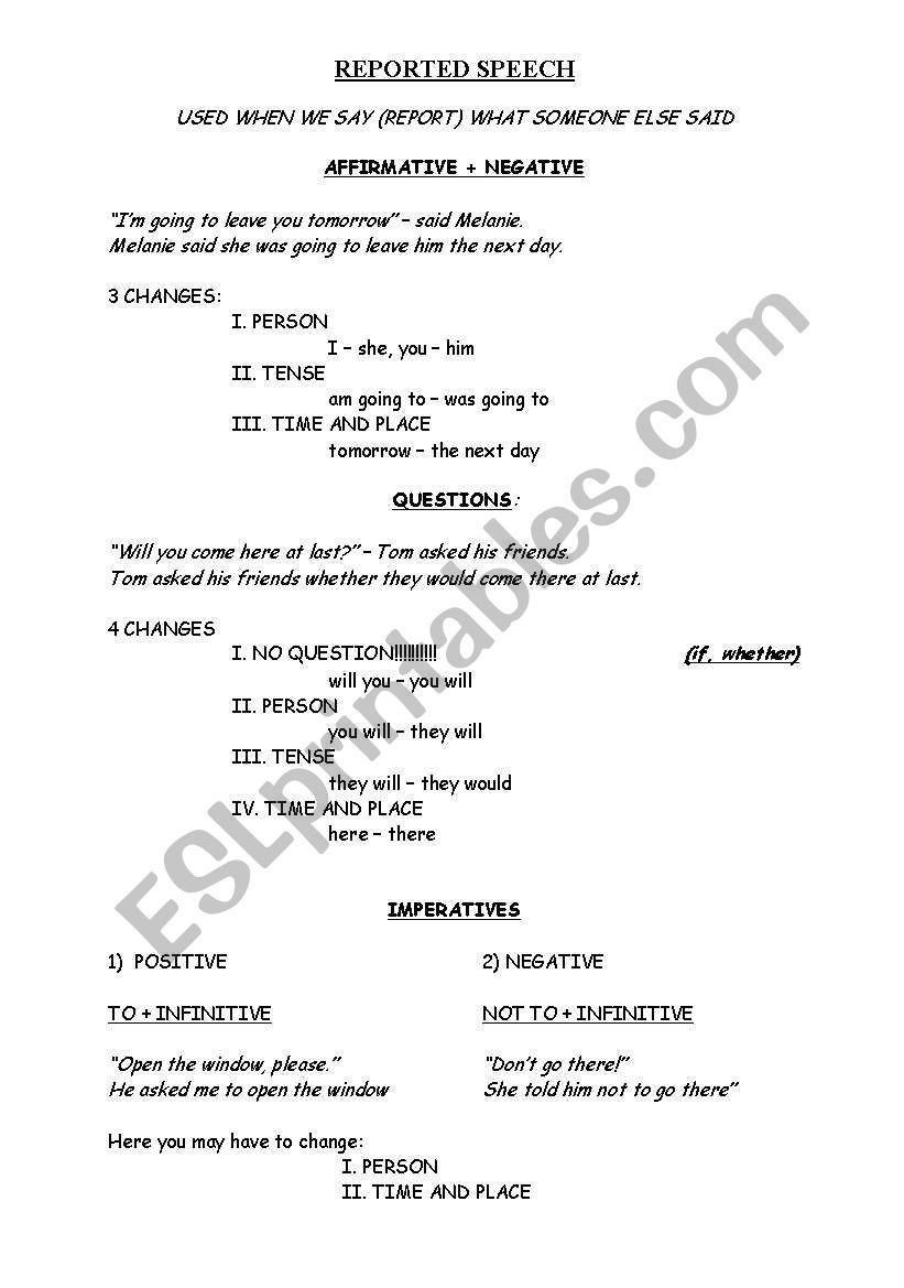 REPORTED SPEECH THEORY worksheet