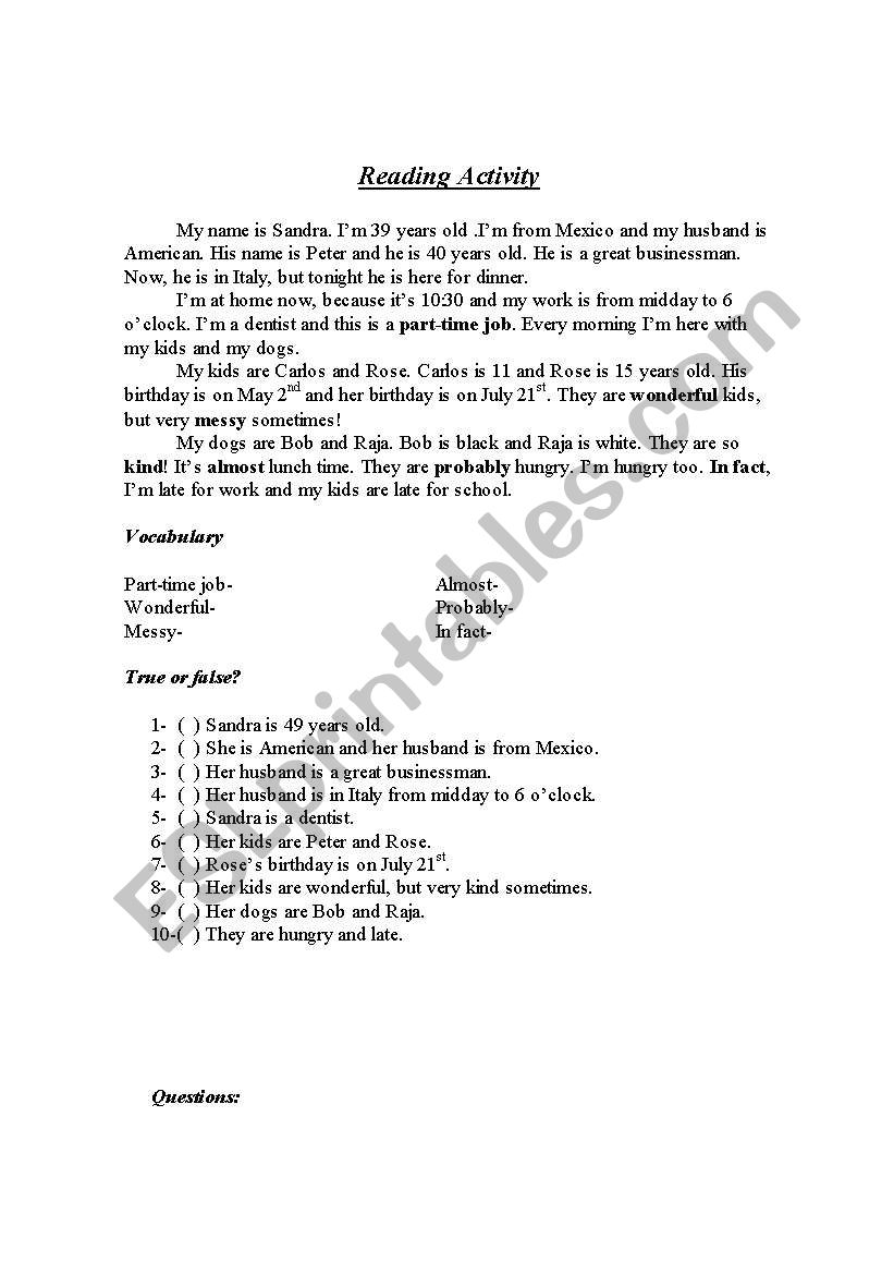 Reading worksheet
