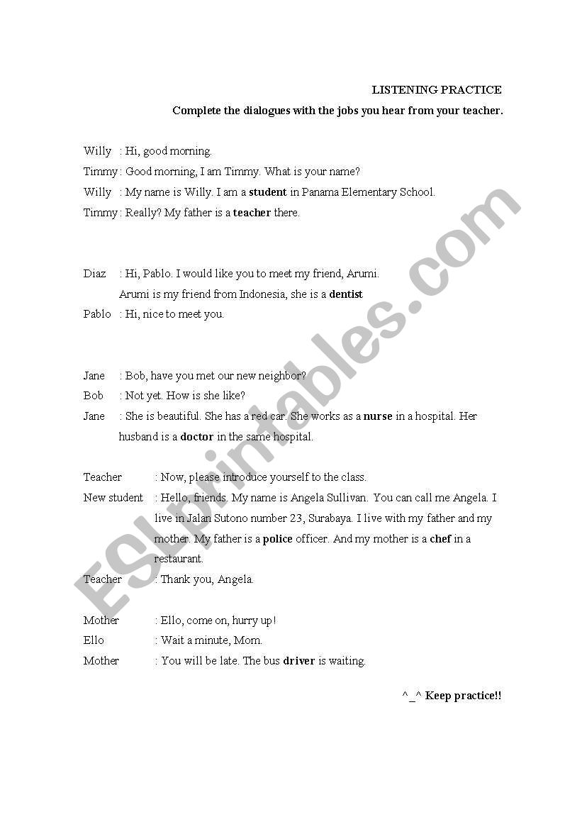 listening dialogue - jobs worksheet