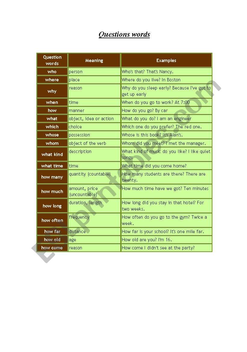 questions words grammar worksheet