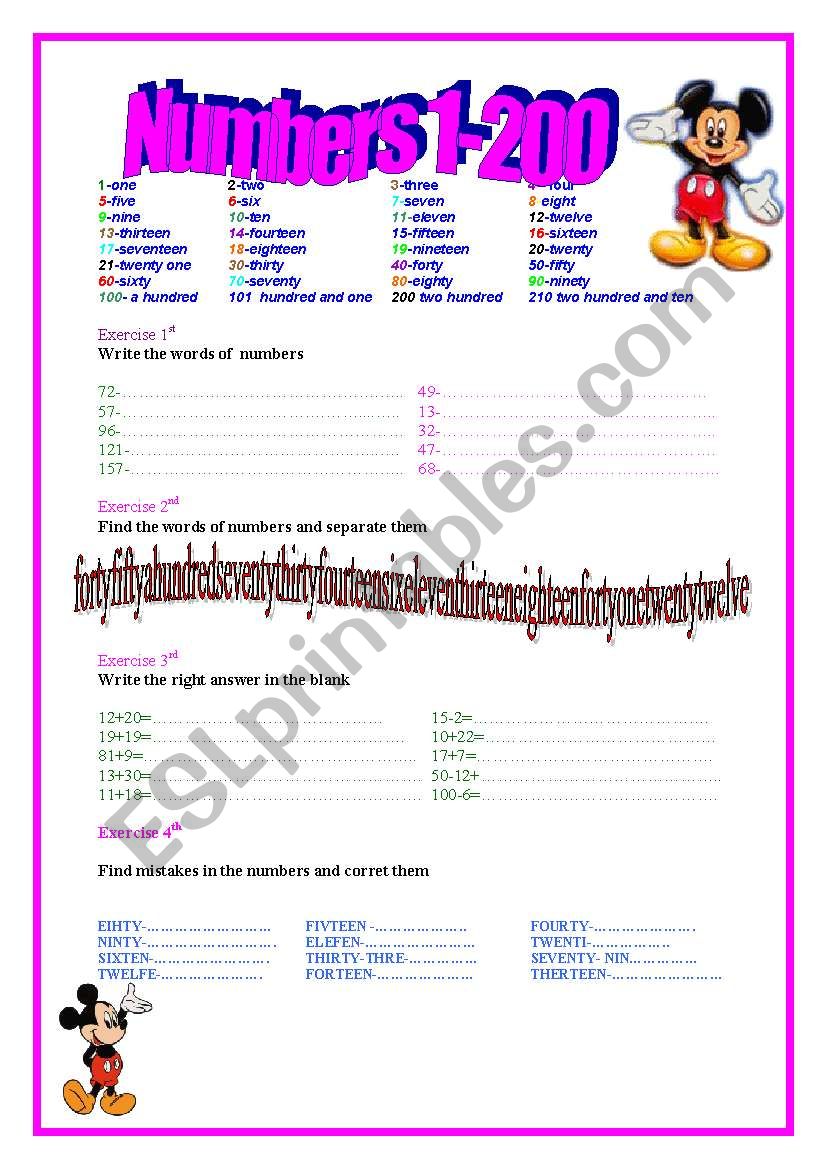 numbers 1-200 exercises worksheet