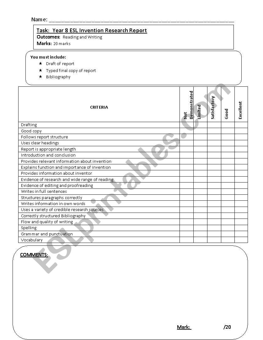 Invention Research Report Marking Criteria/Rubric