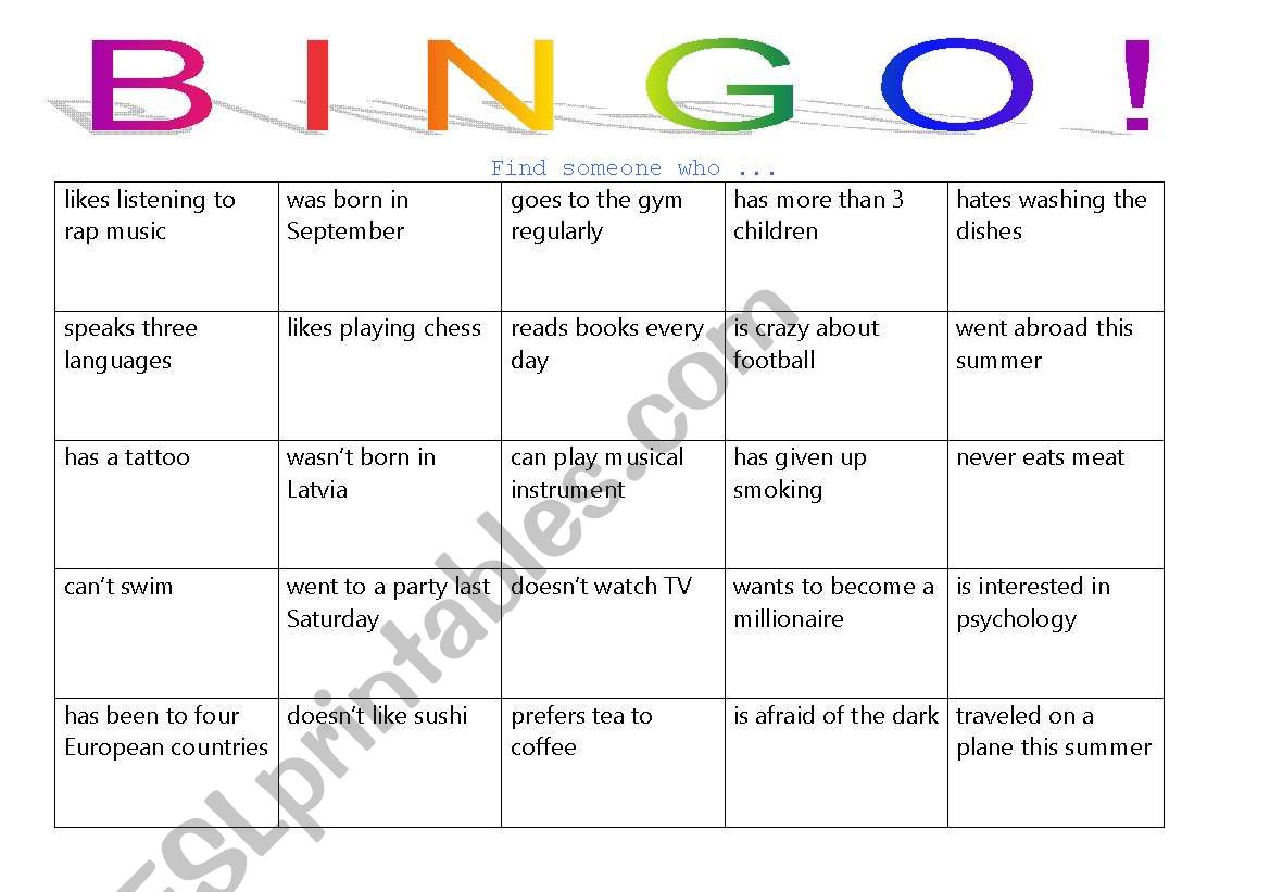 People Bingo! game for adults worksheet