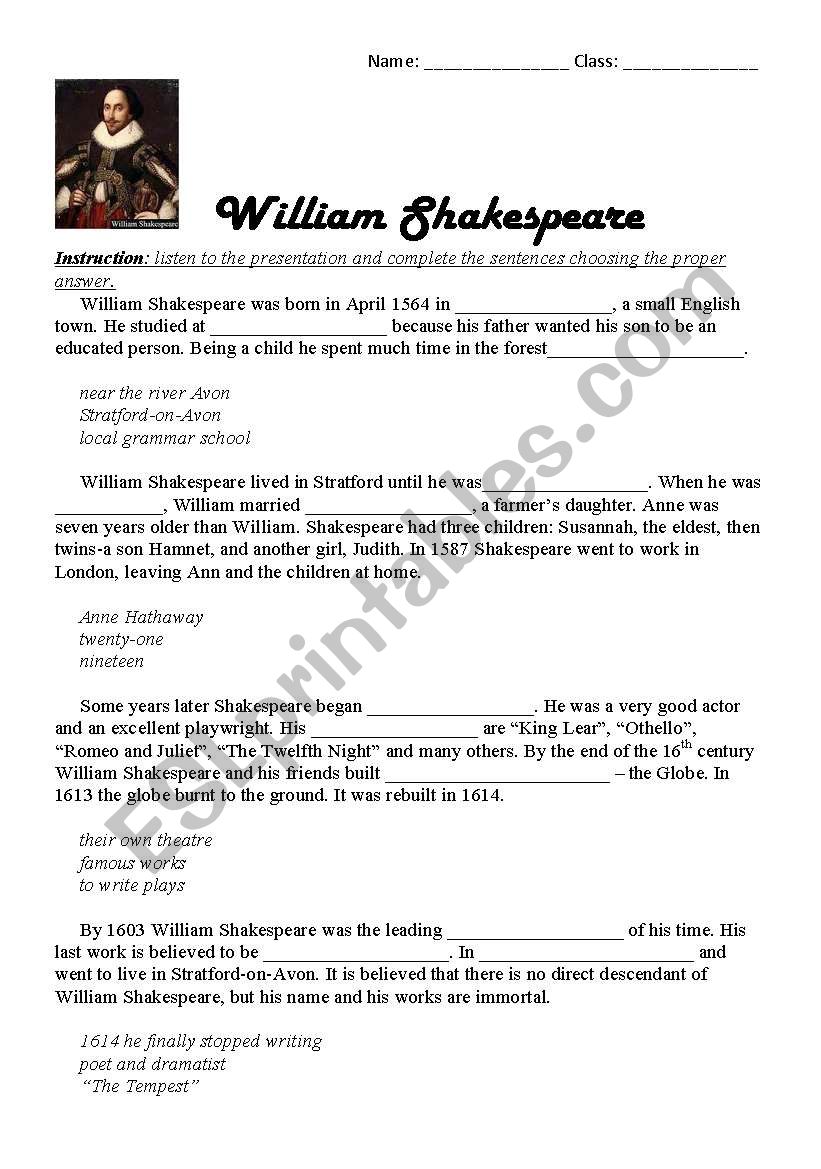 William Shakespeare worksheet