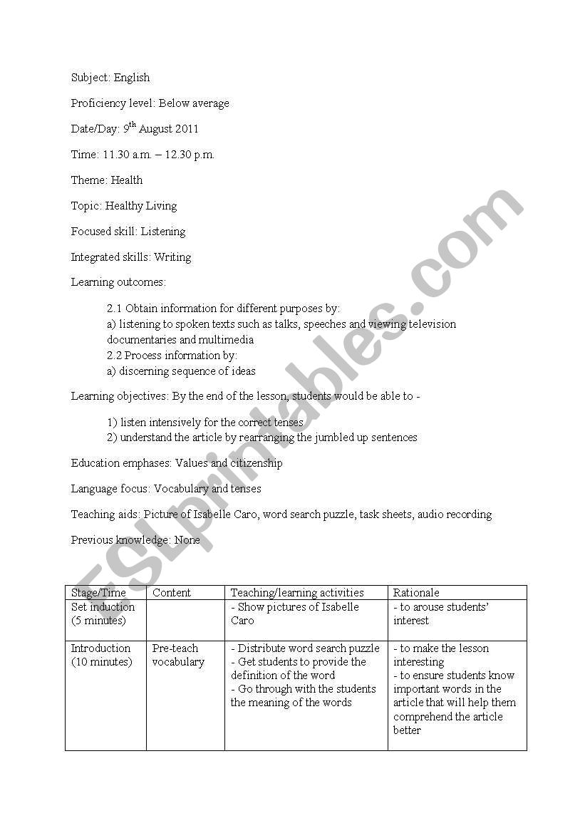 Lesson plan about Anorexic worksheet