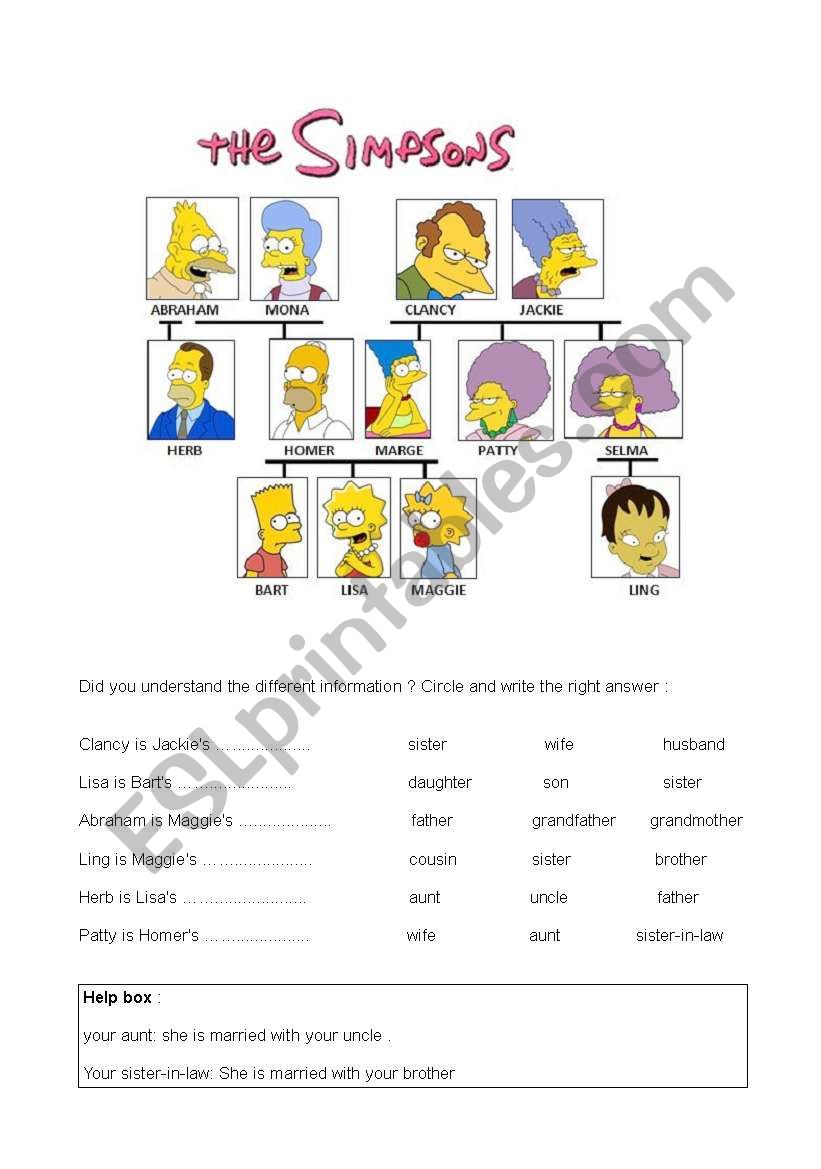 the simpsons family worksheet