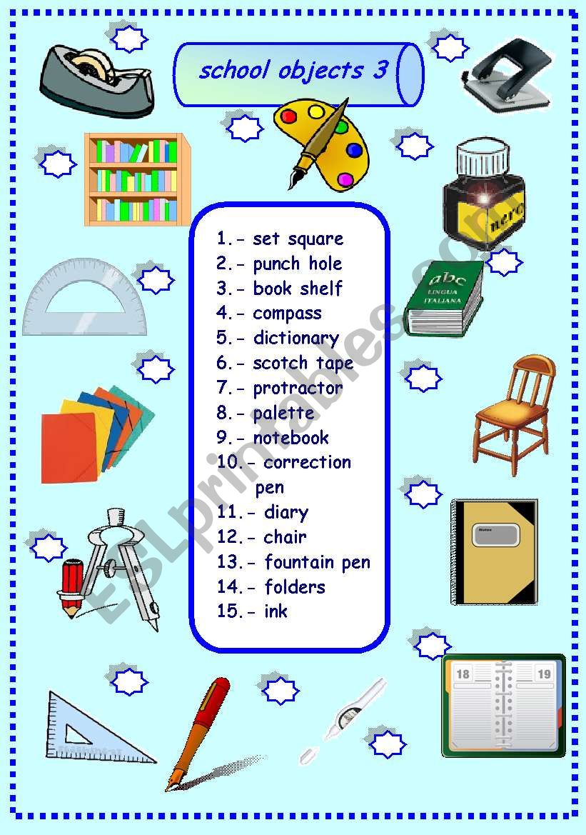 school objects matching 3/3 worksheet