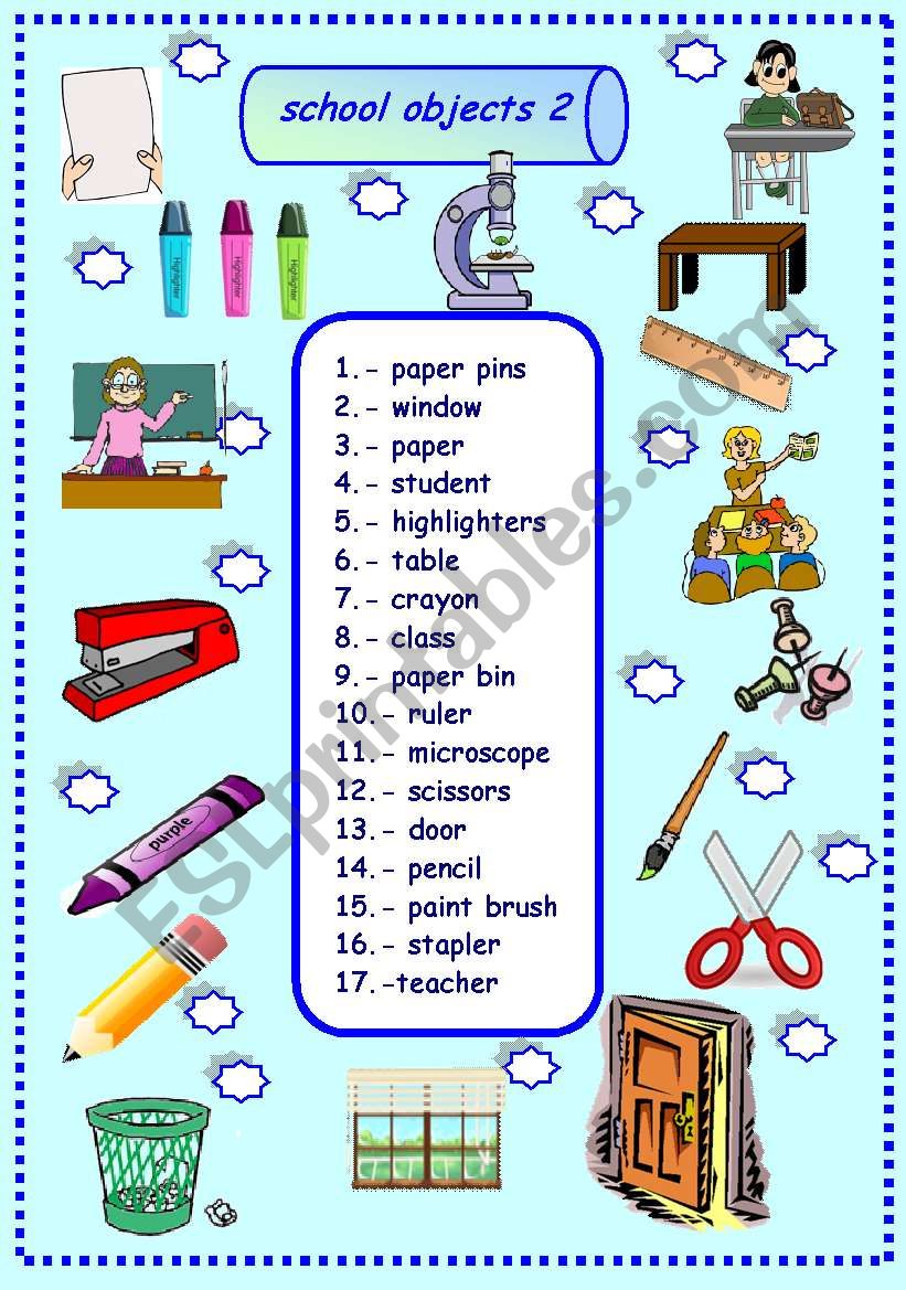 school objects matching 2/3 worksheet