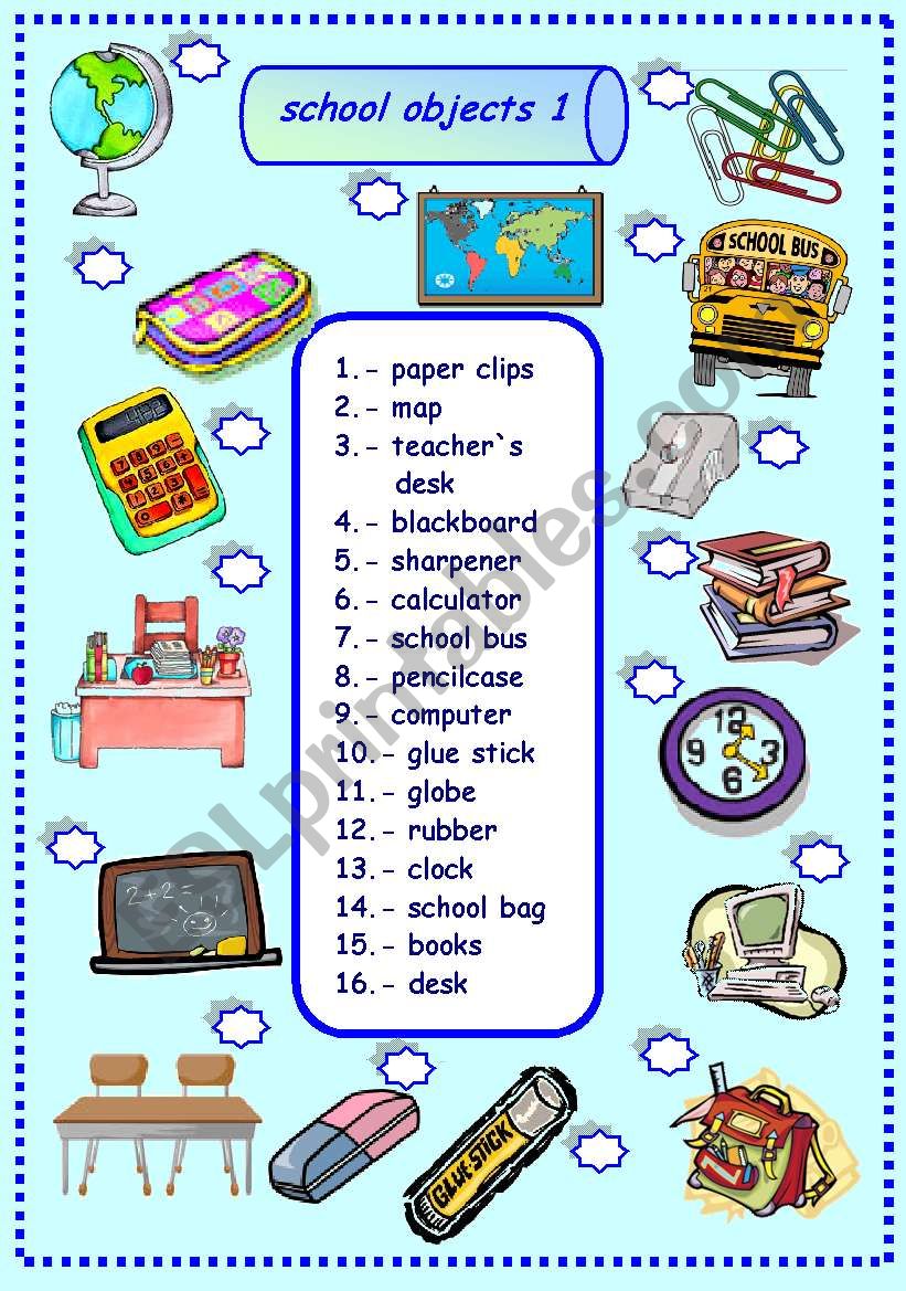 school objects matching 1/3 worksheet