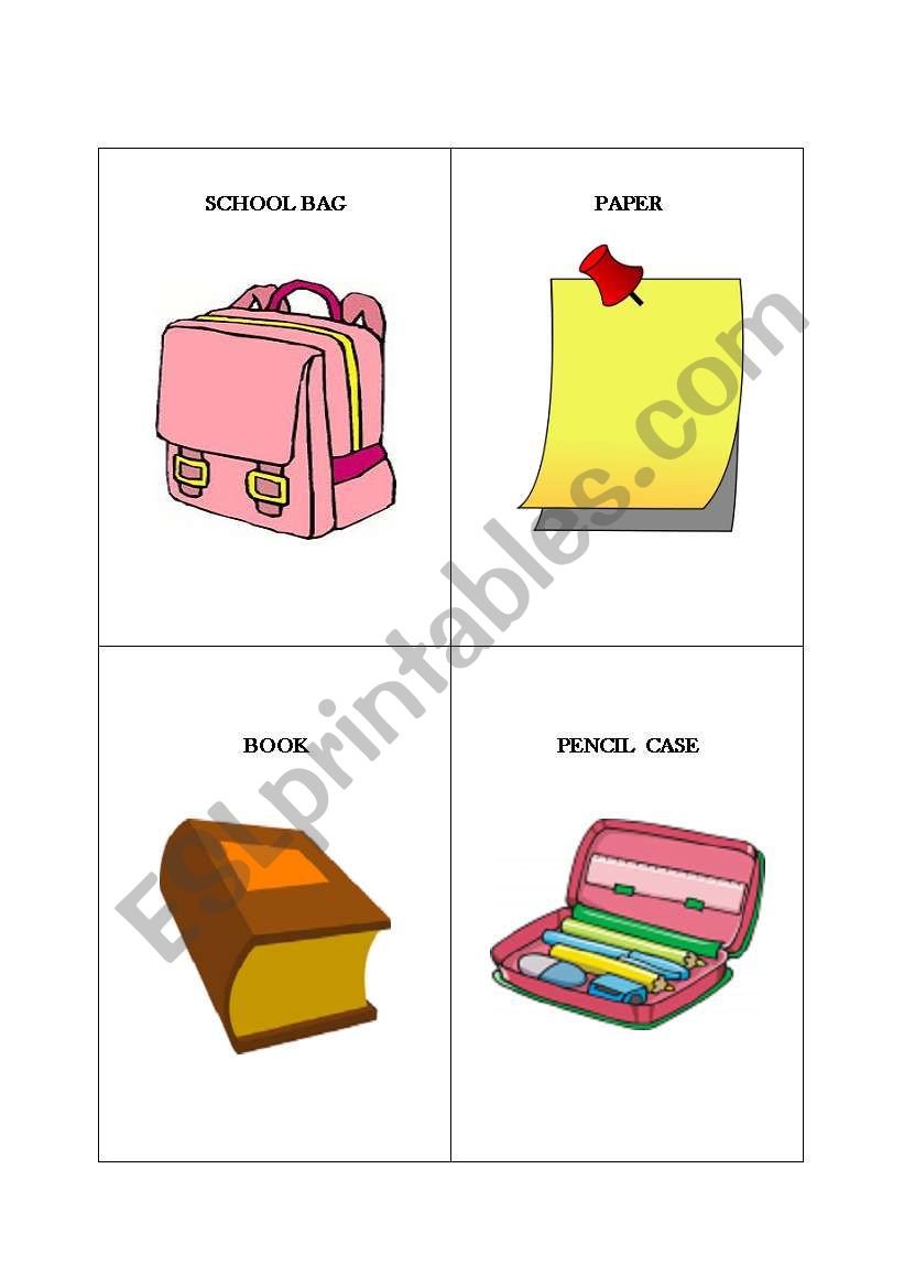 School supplies flashcards worksheet