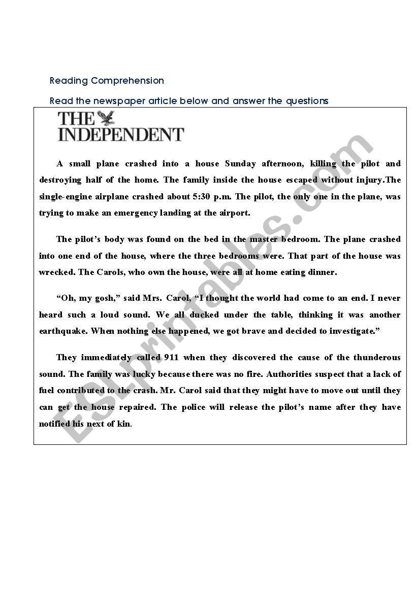 newspaper article PLANE CRASH worksheet