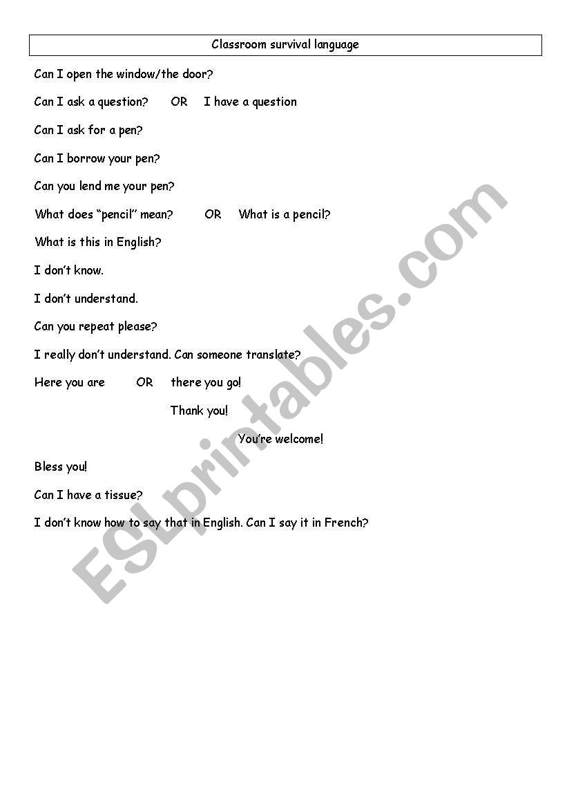 Classroom survival language worksheet