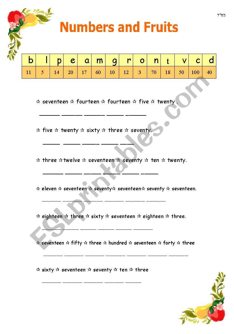 numbers and fruits worksheet