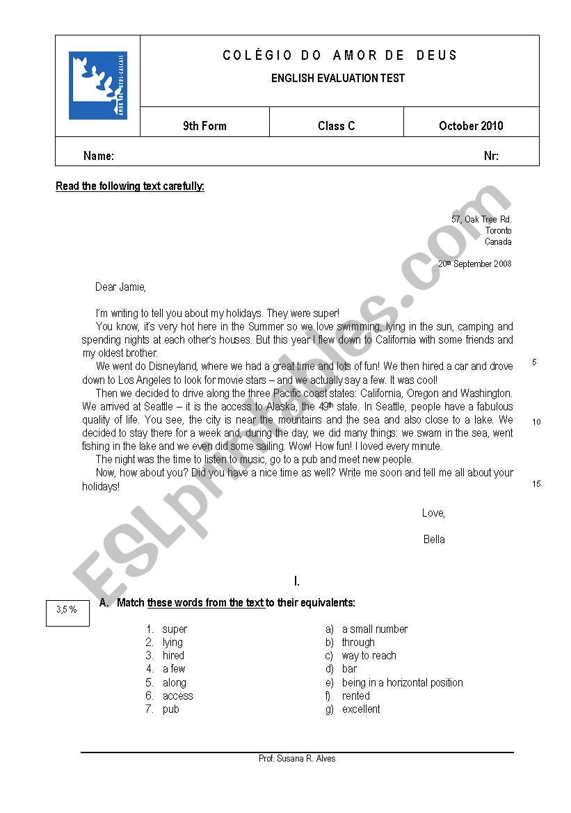 9th grade evaluation test worksheet