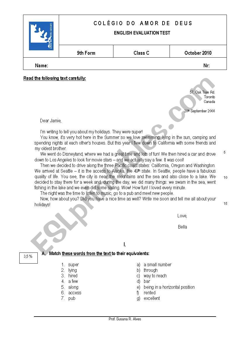 9th grade evaluation test worksheet
