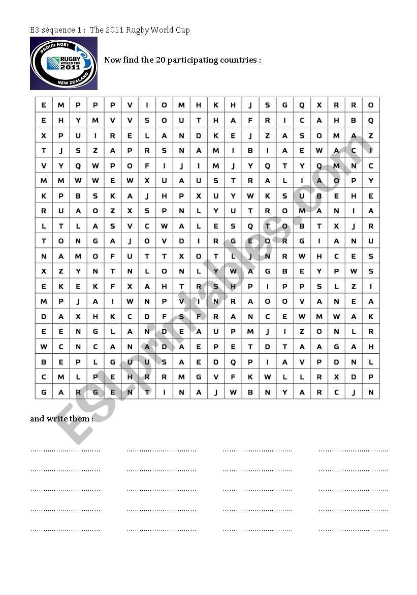 The 2011 rugby world cup worksheet