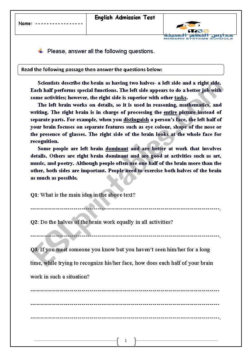 comprehension test worksheet